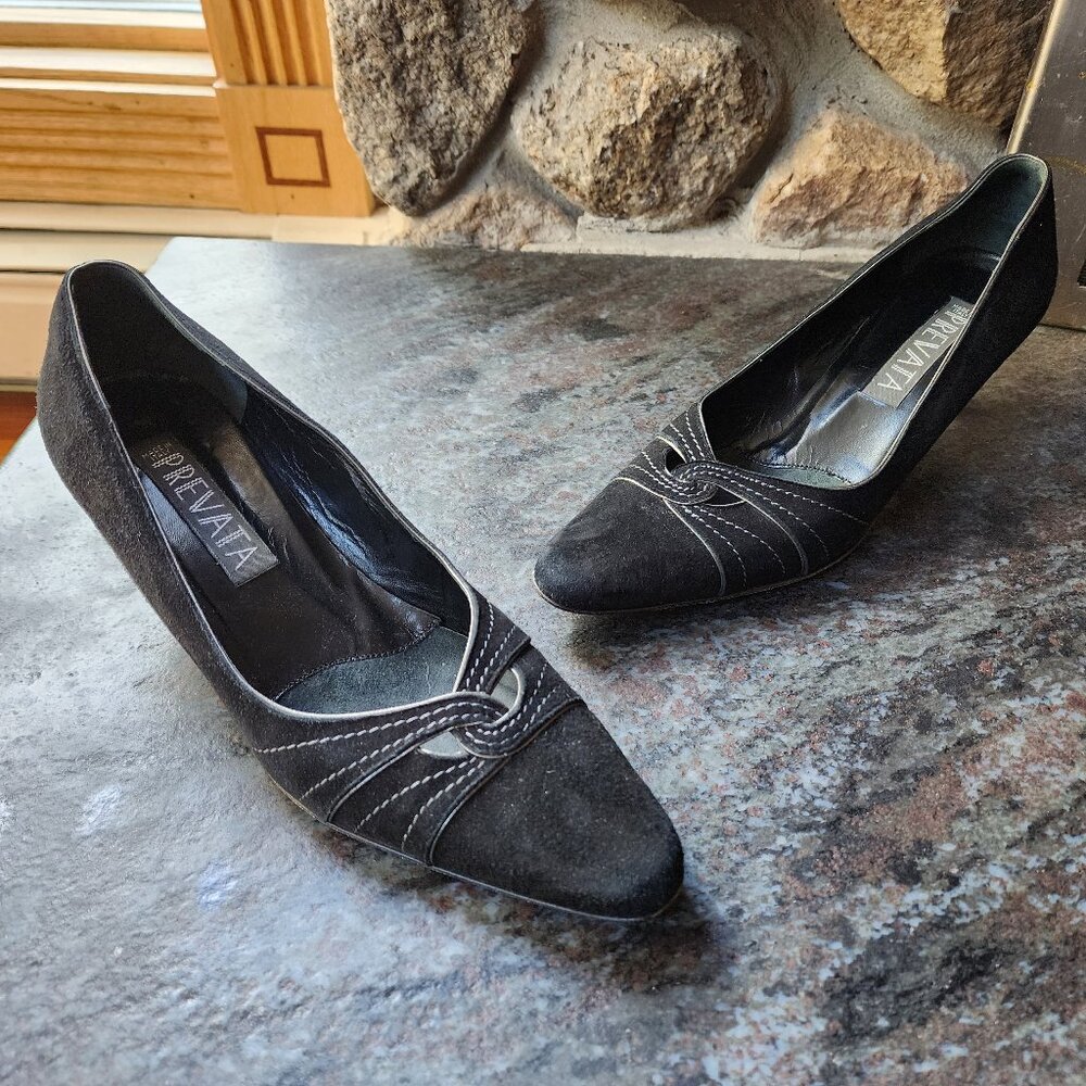 Prevata Black Low Leather Suede Heels Size 8B